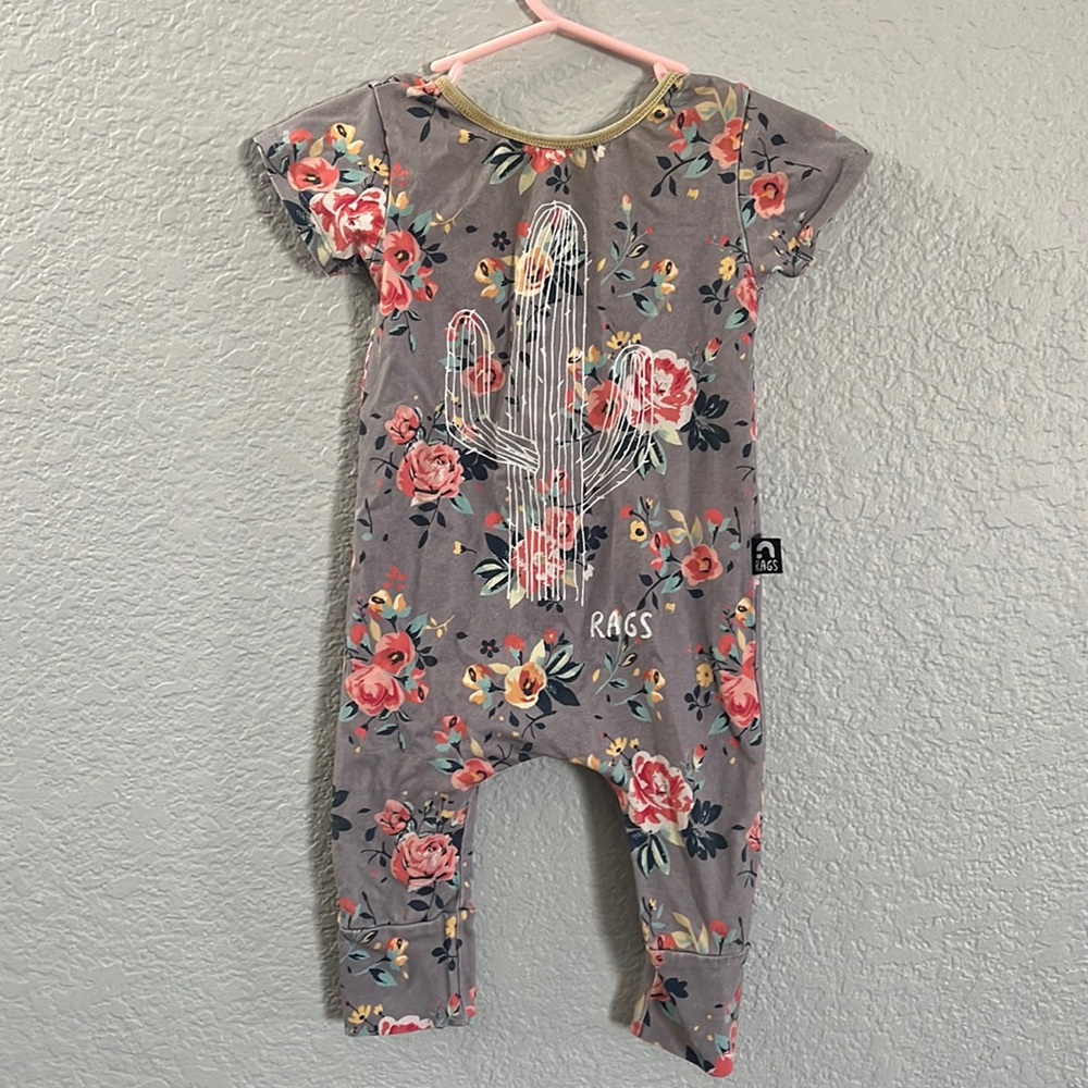 Rags romper, gray with beautiful floral and cactus screen print.